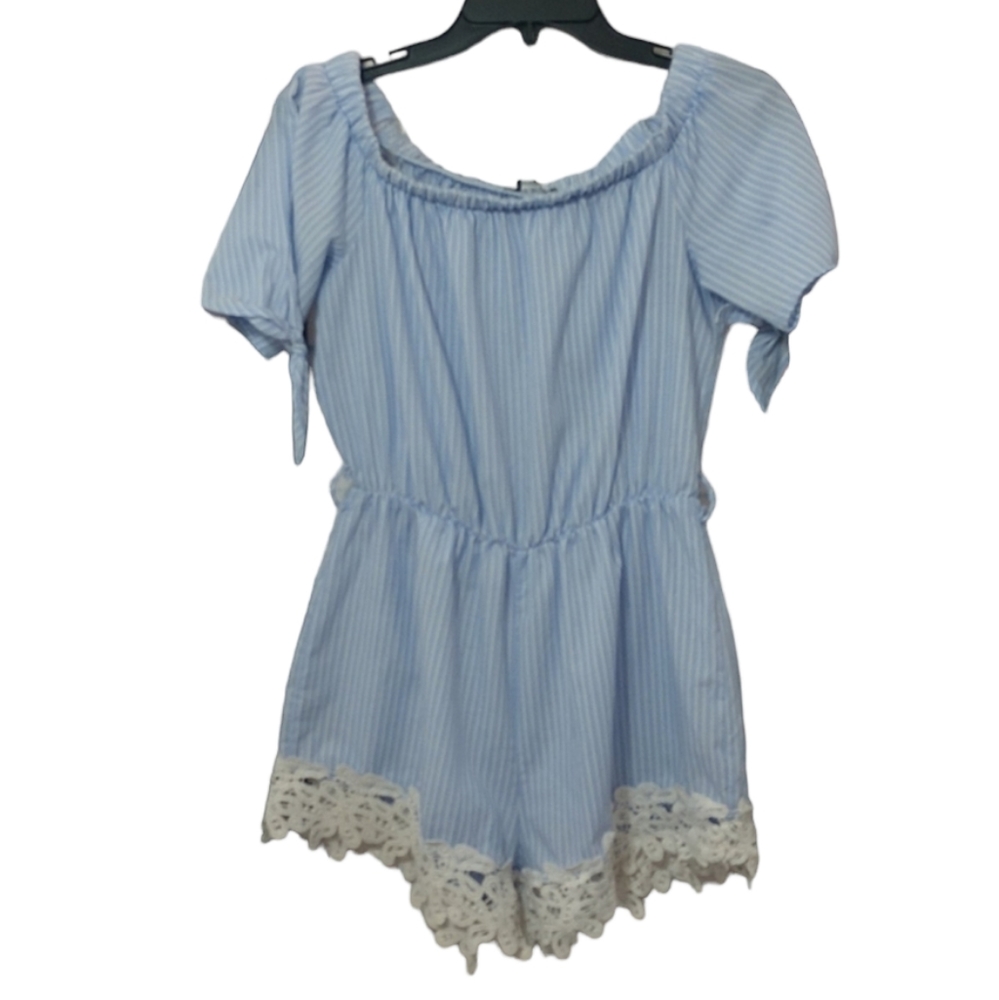 Blue & White Stripe Off Shoulder Romper sz  Medium